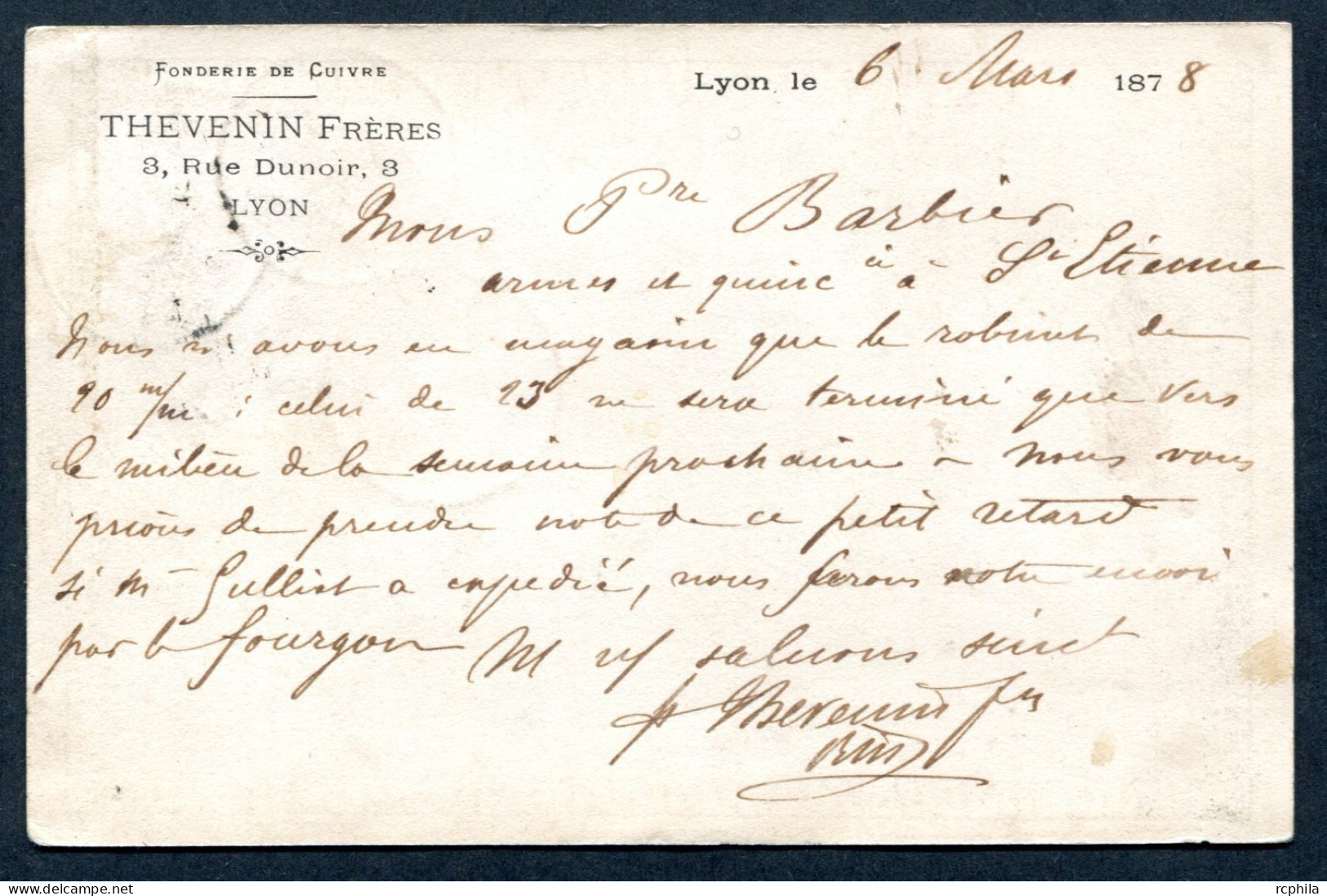 RC 27019 FRANCE 1878 CARTE PRECURSEUR PRIVÉE FONDERIE DE CUIVRE THEVENIN FRERE LYON RHONE POUR ST ETIENNE - Cartes Précurseurs