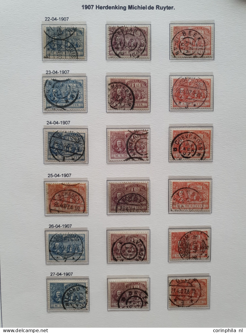 1907 gespecialiseerde collectie emissie de Ruyter w.b. grootrondstempels, plaatfouten en poststukken, mooi opgezet in kl