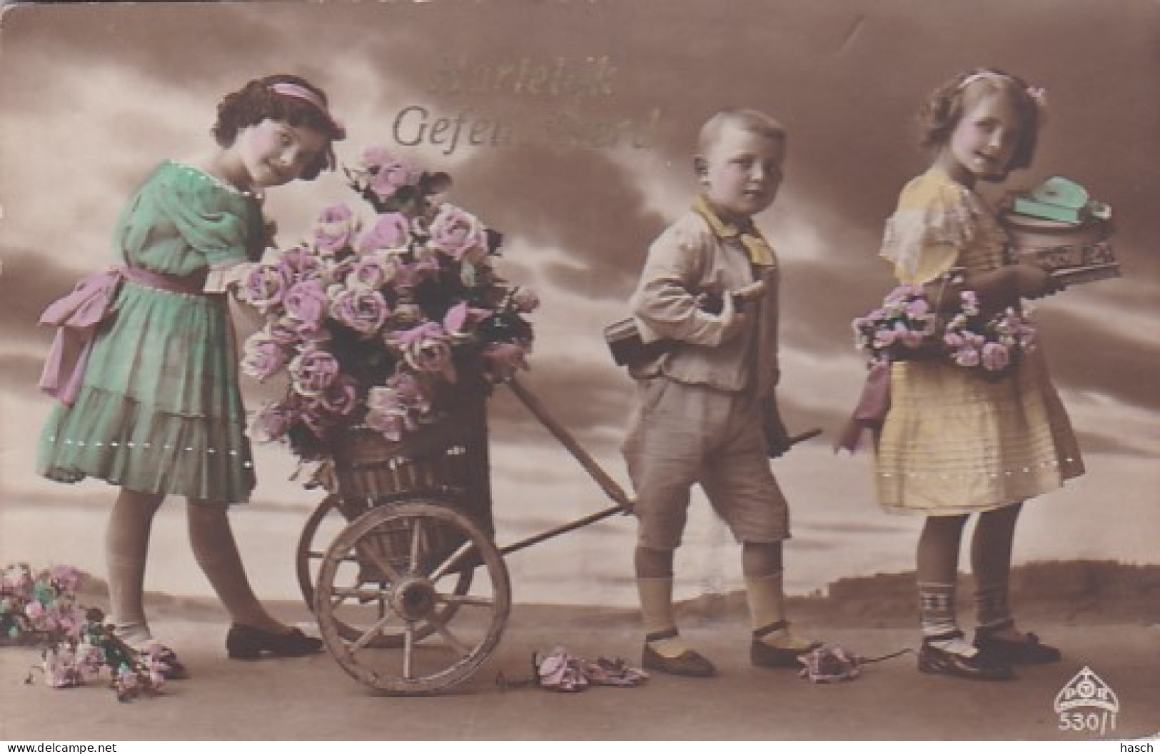 260571Hartelijk Gefeliciteerd, Jongen Trekt Een Bloemenkar. 1916 - Geburtstag