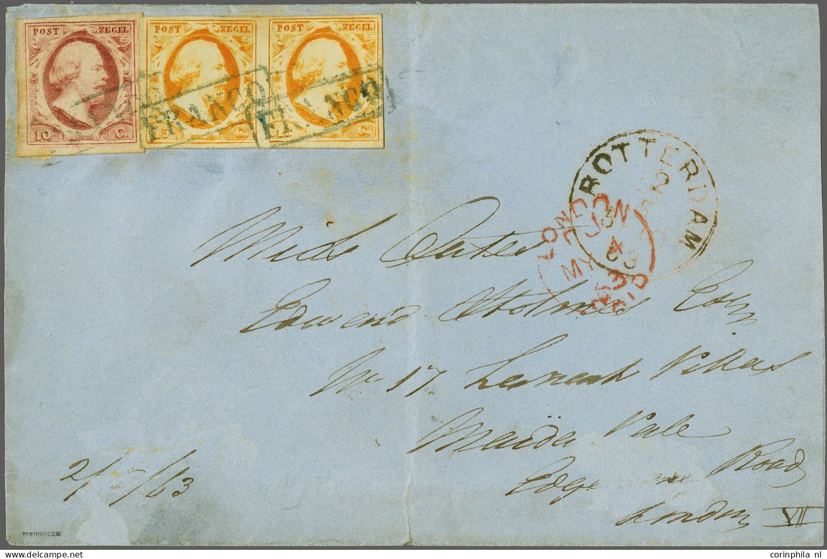 Cover 10 Cent Rood Plaat X Op Dik Papier En 15 Cent Oranje In Paar Op Briefomslag Van Rotterdam 2-5-1863 Naar Londen, Pr - Autres & Non Classés