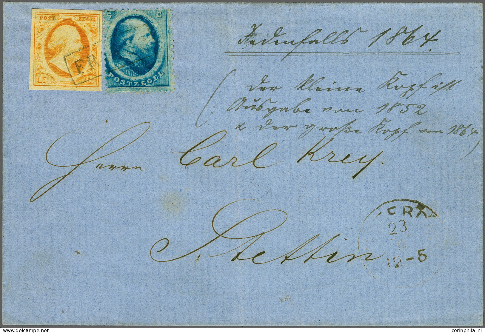 Cover 15 Cent Oranje En Emissie 1864 5 Cent Blauw Op Briefomslag Van Amsterdam 23-8-18?? Via Emmerich Naar Stettin (Prui - Autres & Non Classés