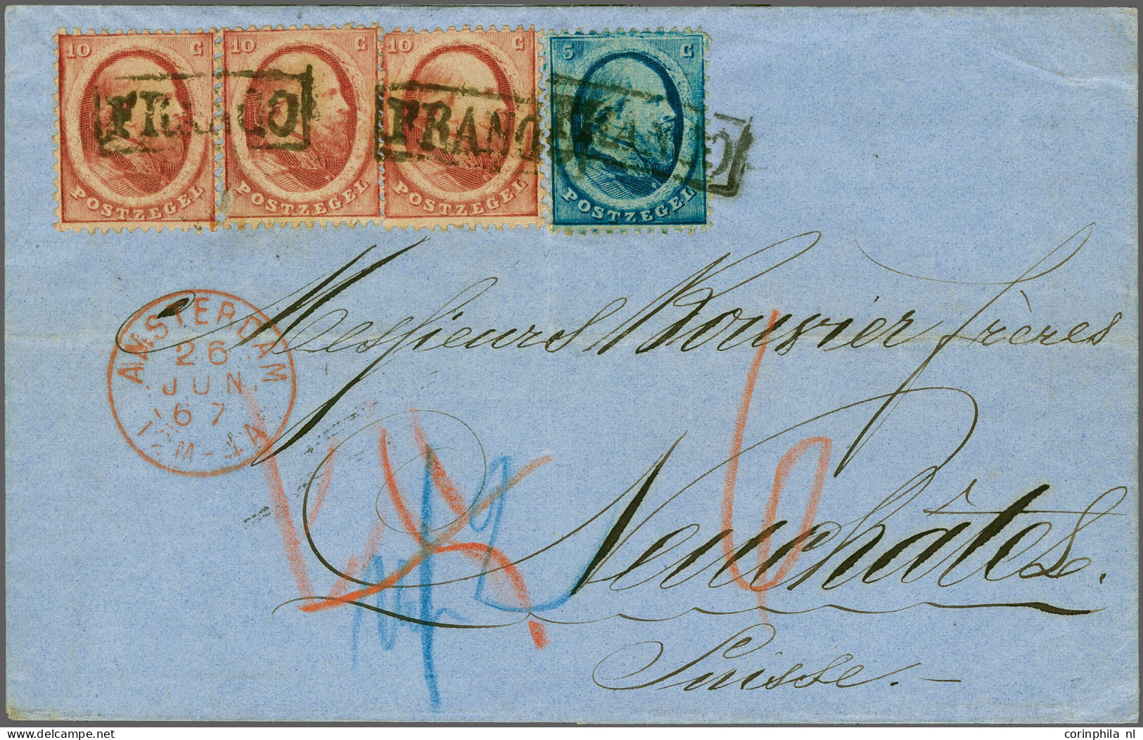 Cover 5 Cent Blauw En 10 Cent Rood (3x) Op Briefomslag Van Amsterdam 26-6-1867 Via Emmerich, Basel En Bern Naar Neuchate - Autres & Non Classés