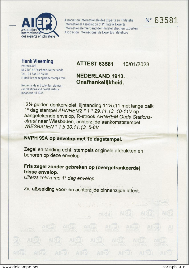 Cover 2½ Gulden Donkerviolet Op Aangetekende Envelop Met 1e-dagstempel 29-11-1913 Naar Wiesbaden, Pracht Ex. Met Certifi - Non Classés