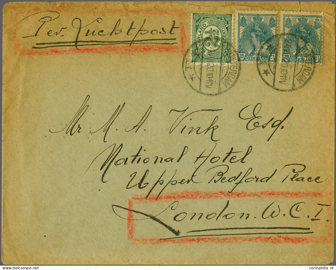 Airmail KLM Vlucht Rotterdam 24.VIII.20 Naar London (aankomststempel LONDON W.C. 24 AU 20 95) Met 2½ Cent Cijfer En Paar - Airmail