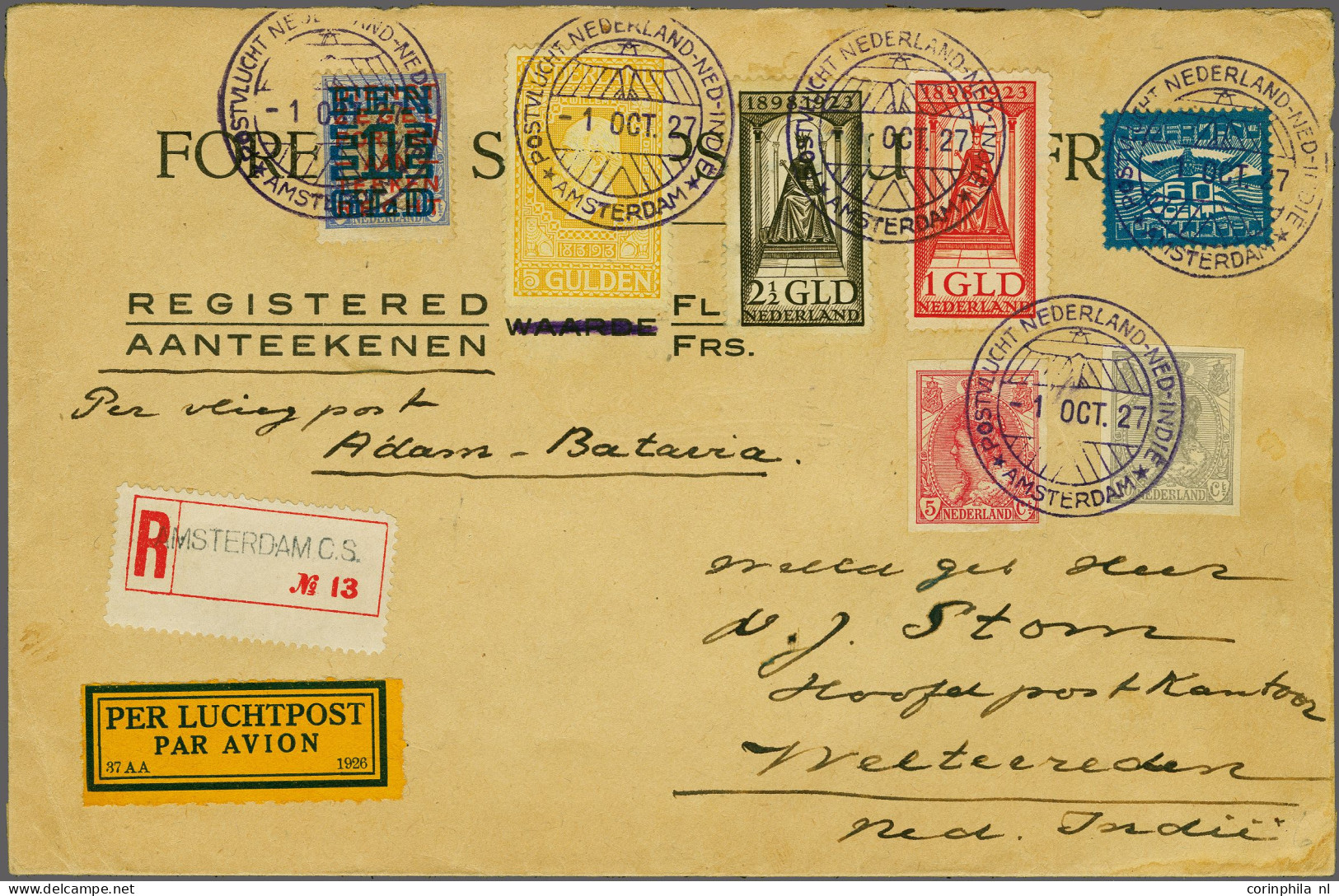 Cover , Airmail Koppenvlucht Envelop Gestempels Aantekenstrookje Amsterdam CS En Gefrankeerd Met O.a. Nrs. 100 En 130 Na - Poste Aérienne