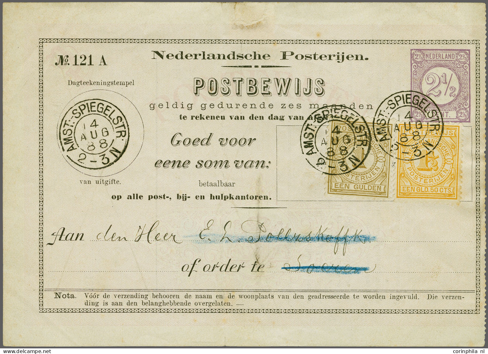 Cover 1 Gulden Lichtbruin En 1½ Gulden Geel Op Postbewijs G. 1 Van Amsterdam Spiegelstraat 14-8-1888 Naar Soeren, Vrijwe - Andere & Zonder Classificatie