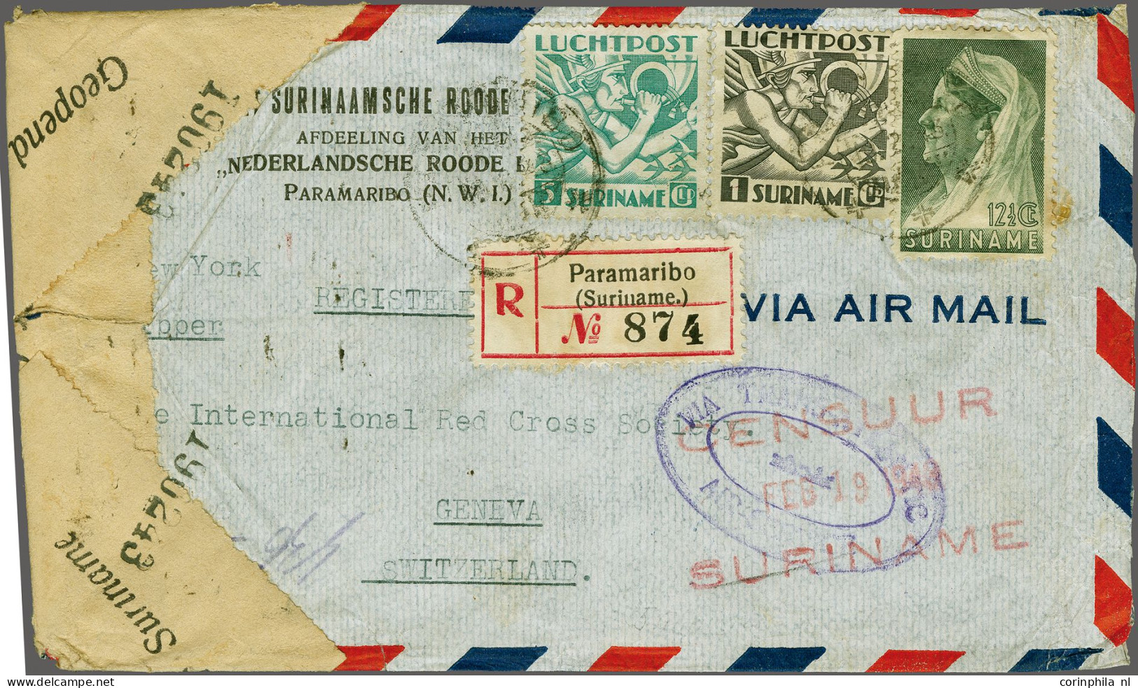 Airmail 5 Gulden Blauwgroen Met 1 Gulden Zwartgrijs En 12½ Cent Sluier Op Aangetekende Rode Kruis Luchtpost Envelop Para - Airmail