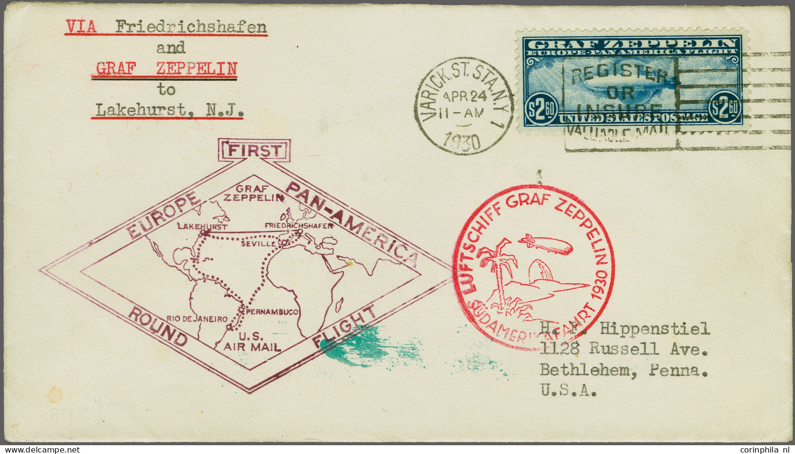 Cover , Airmail Air Mail, Graf Zeppelin $ 2,60 Blue On Cover Pan-America Flight (Sieger 64H) To Utica, New York, Very Fi - Other & Unclassified