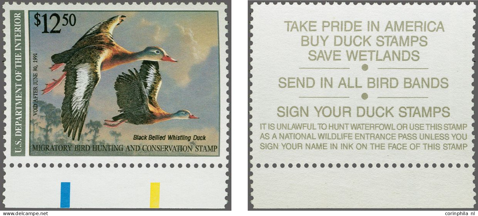 Without Gum 1990 Hunting Permit Stamp $ 12,50 - Black Bellied Whistling Duck - With The Error Black Inscription Printed  - Andere & Zonder Classificatie