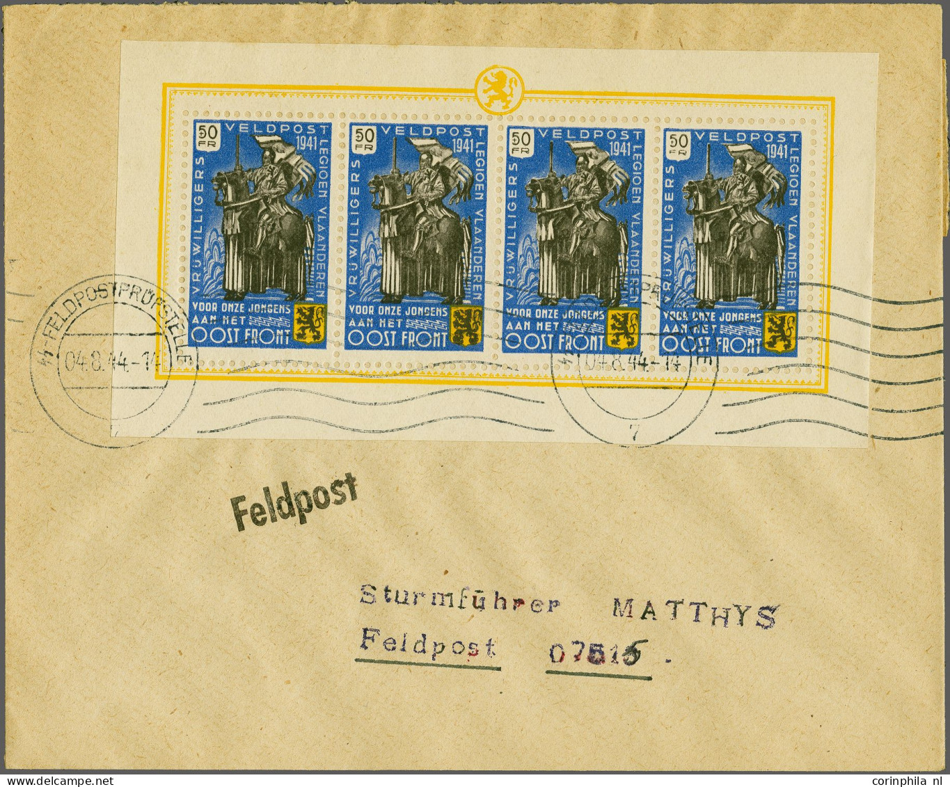 Cover , Block Flemish Legion, 50F In Sheetlets Of 4 On 4 Philatelic Covers (dated 4-8-1944) To The Same Fieldpost Office - Erinnophilie [E]