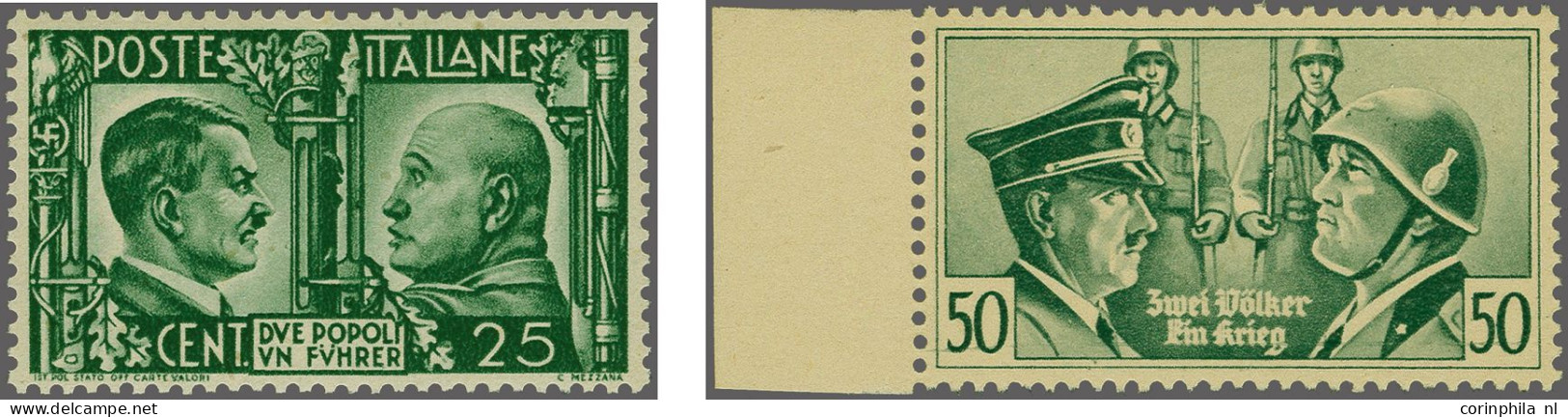 Mounted Mint Italy, 1943 - Hitler/Mussolini 25 And 50c Green, 50c With Sheet Margin Left, Fine/very Fine - Kriegs- Und Propaganda- Fälschungen