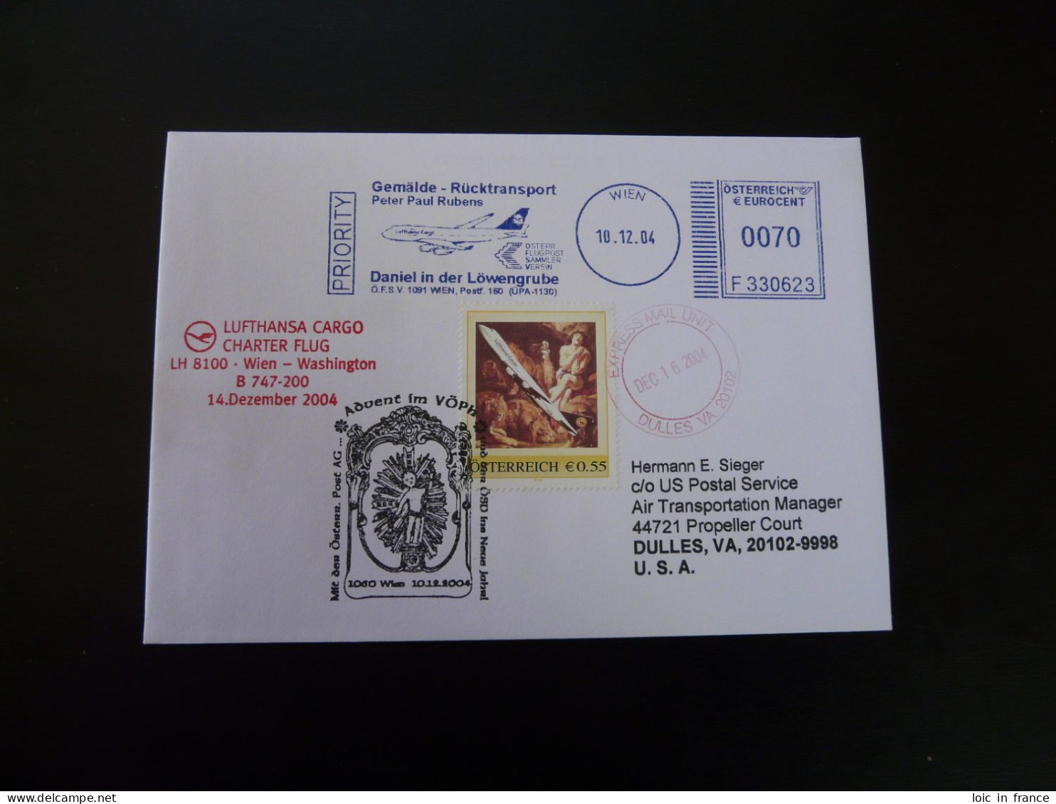 Lettre Vol Special Flight Cover Wien Washington For Rubens Paintings Autriche Austria 2004 - Machines à Affranchir (EMA)