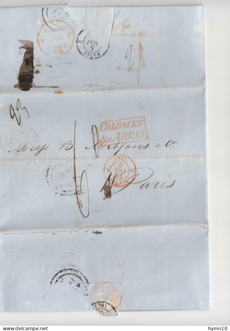 1853 Incoming MAIL HAVANA/CUBA-PARIS/France+23+6 TASSE+ Timbro ROSSO COLONIES ART.13+TRANSITI INGLESI -g655 - Préphilatélie