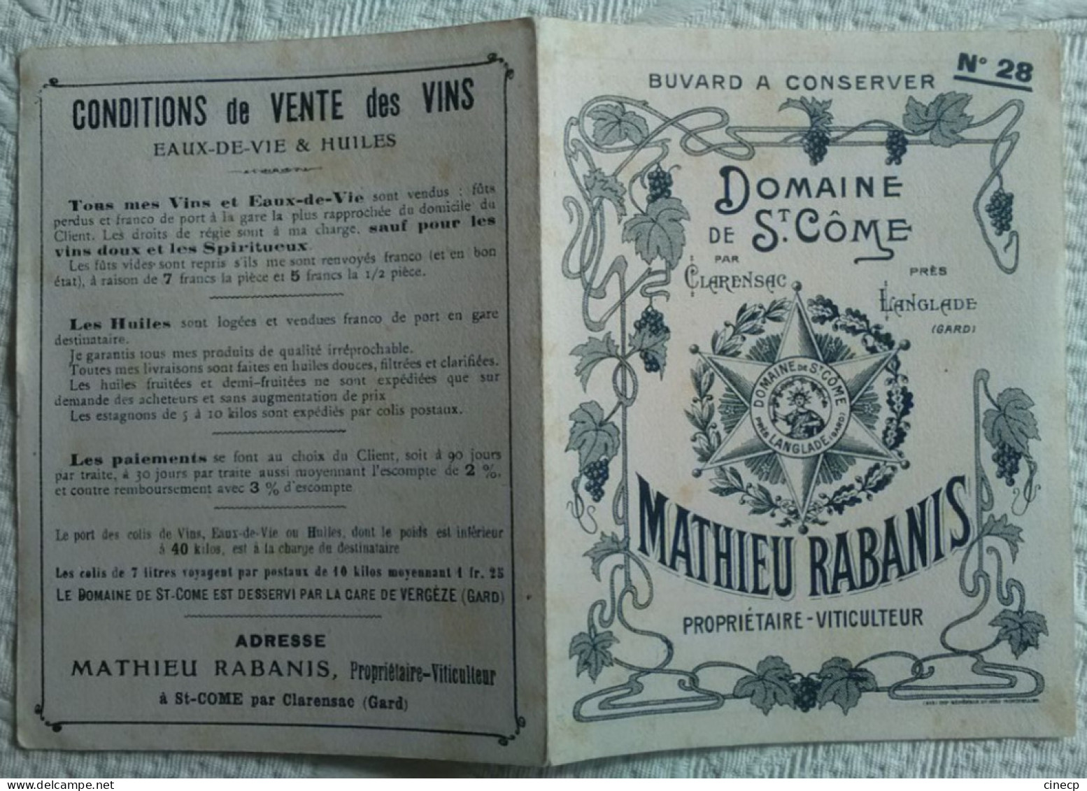 Buvard Ancien Dépliant PUBLICITE Domaine St Côme Par Clarensac Gard MATHIEU RABANIS PROPRIETAIRE VITICULTEUR N° 28 VIN - Farm