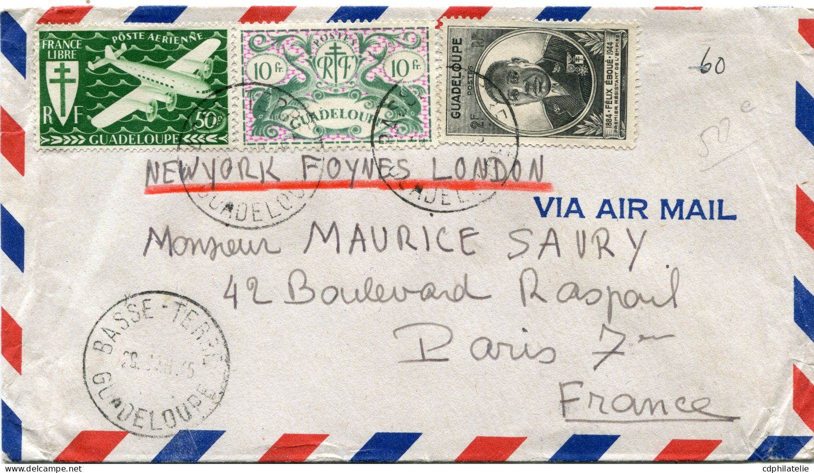 GUADELOUPE LETTRE PAR AVION DEPART BASSE-TERRE 29 JAN 46 GUADELOUPE POUR LA FRANCE - Brieven En Documenten