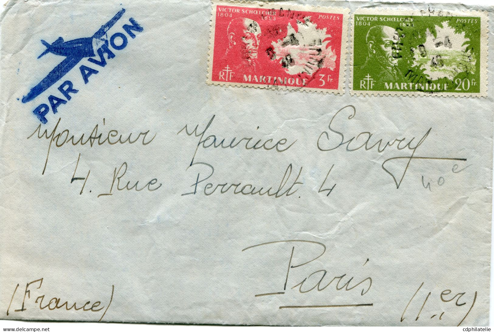 MARTINIQUE LETTRE PAR AVION DEPART FORT-DE-FRANCE 9-4-46 MARTINIQUE POUR LA FRANCE - Storia Postale