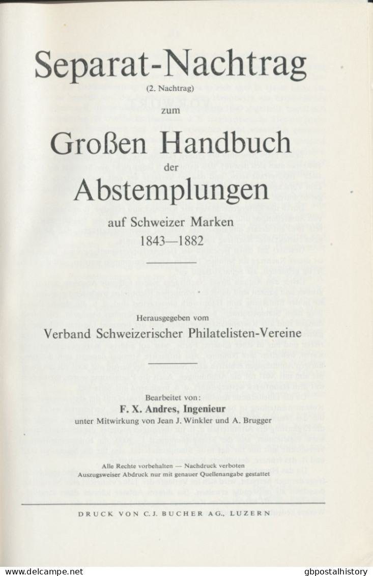 Nachtrag Zum Großen Handbuch Der Abstempelungen Auf Schweizer Marken 1954 213 S - Afstempelingen