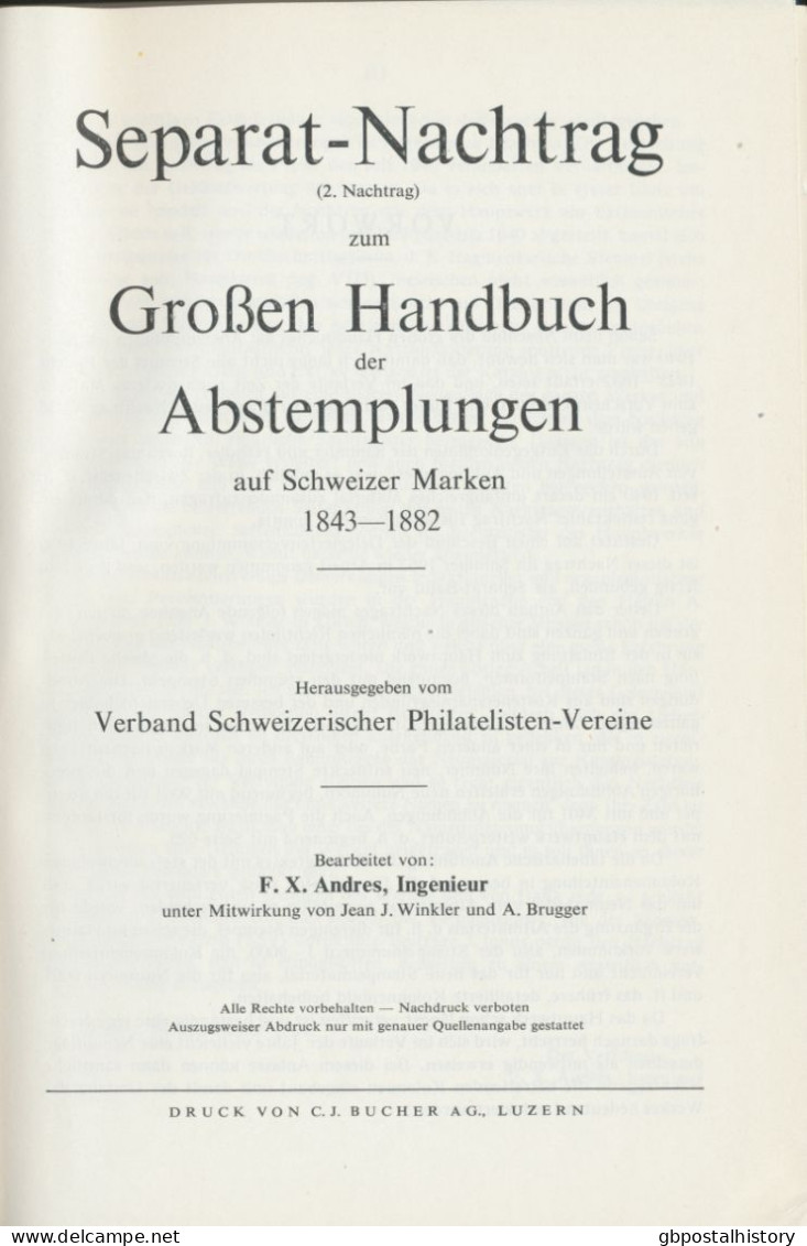 Nachtrag Zum Großen Handbuch Der Abstempelungen Auf Schweizer Marken 1954 213 S - Oblitérations