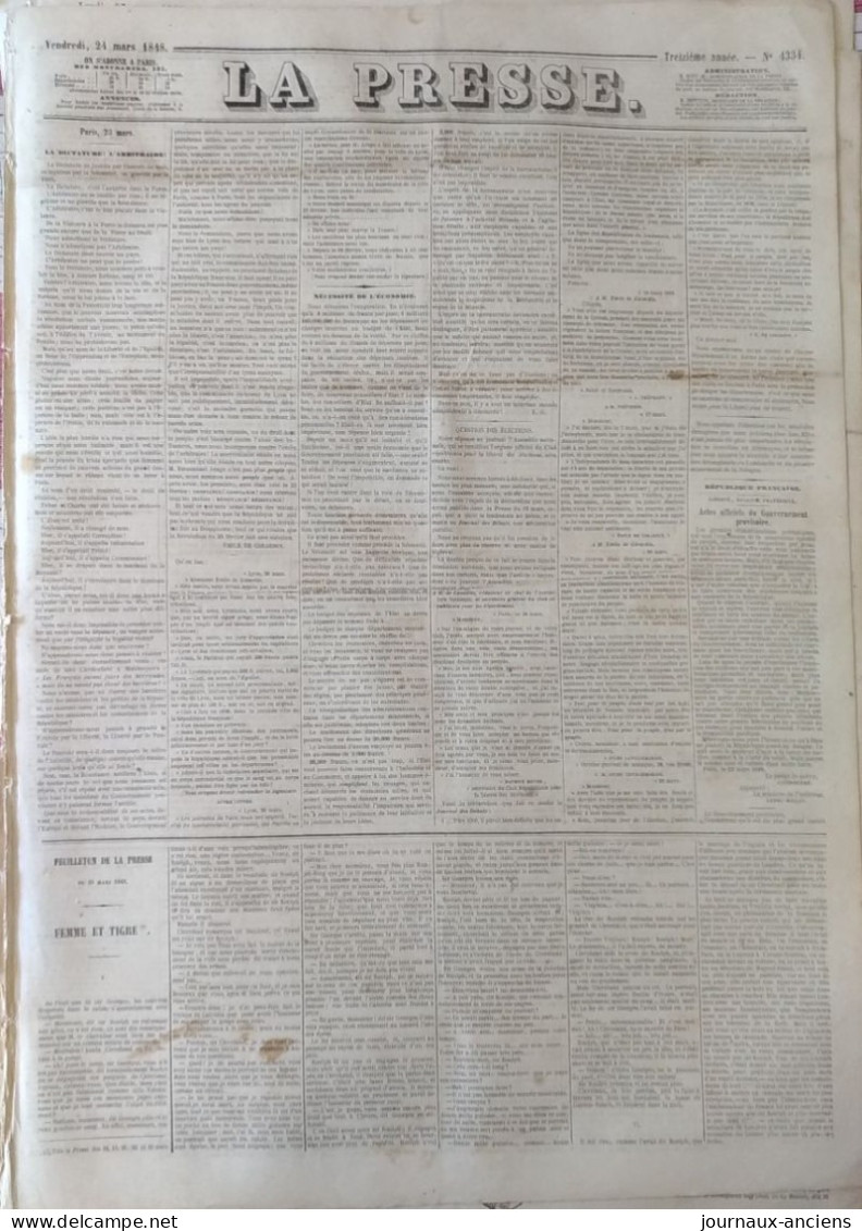 Journal LA PRESSE Du 24 Mars 1848 - LA DICTATURE : L'ARBITRAIRE - NÉCESSITÉ DE L'ÉCONOMIE - GOUVERNEMENT PROVISOIRE - 1800 - 1849