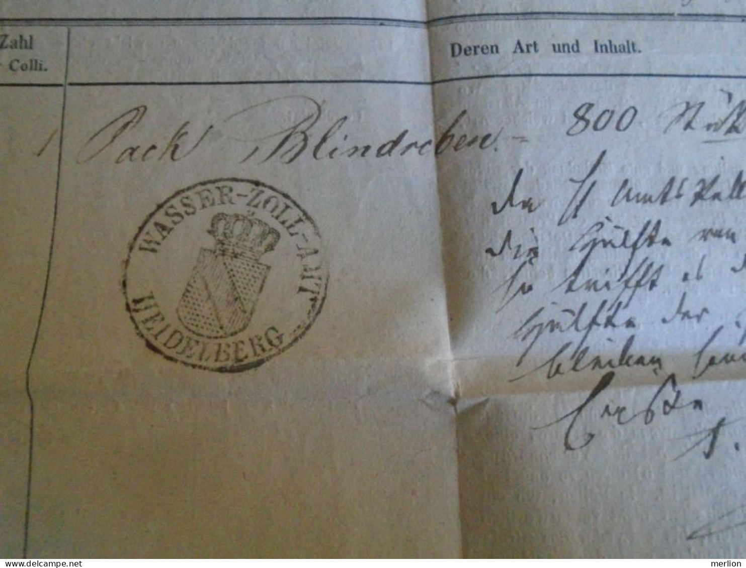ZA488.13  Neckar Dampfschifffahrt  (Heilbronnen Gesellschaft) 1850 -  Wasser Zoll AMT Heidelberg  -Shipping Document - 1800 – 1899