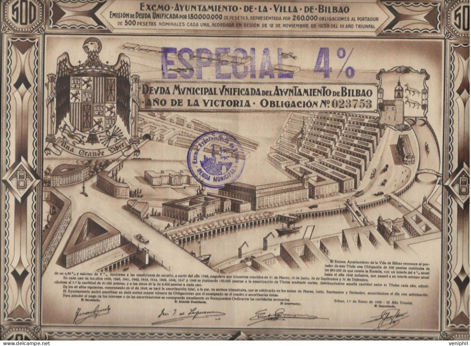 ESPAGNE - OBLIGATION 500 PESETAS -DETTE MUNICIPALE UNIFIEE  DE LA MAIRIE DE BILBAO  -ANNEE 1939 - Andere & Zonder Classificatie