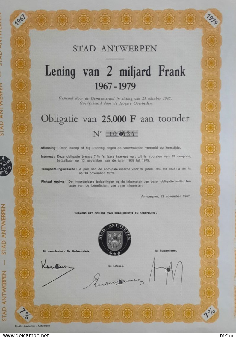 Stad Antwerpen 7 % Lening 1967 -1979  - 25 000 Francs  - Unissued - Electricidad & Gas