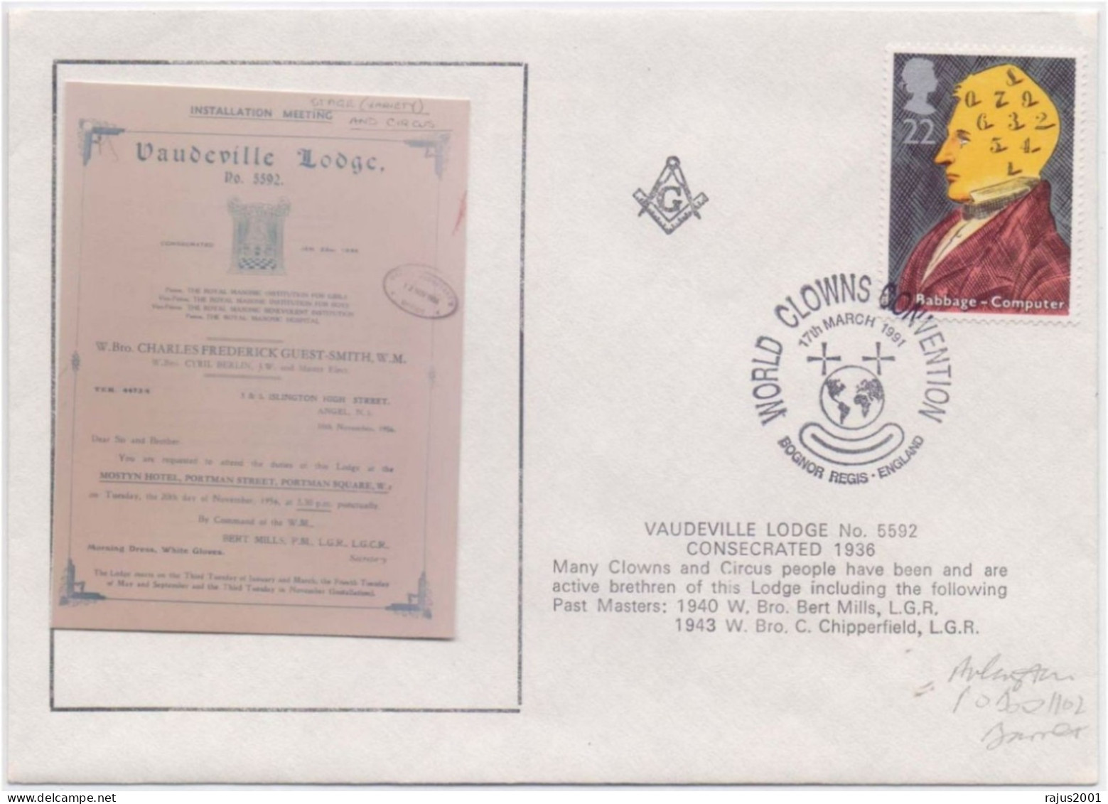 World Clowns Convention, Vaudeville Lodge No. 5592, Rabbage Computer, Freemasonry Masonic, Britain FDC 1991 - Freemasonry