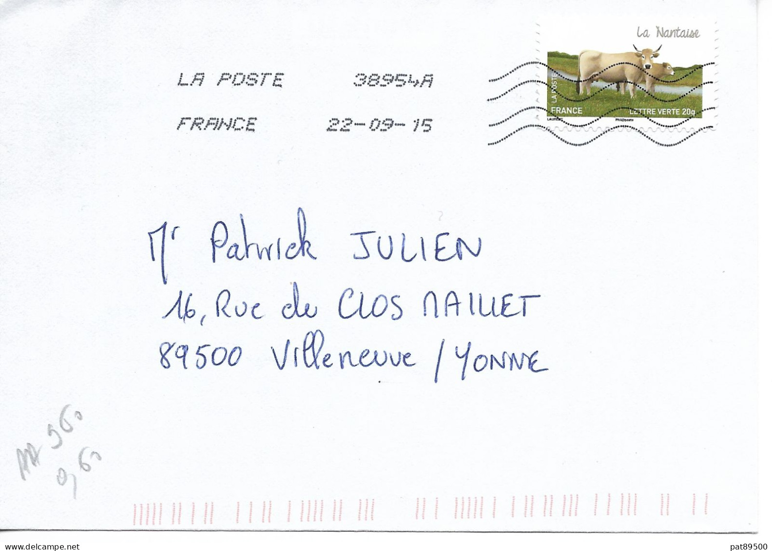 France 2014 - AA 960- OBLITERE S/enveloppe 09/2015 / Vaches De Nos Régions : LA NANTAISE - "Bretagne" /LOT B - Covers & Documents