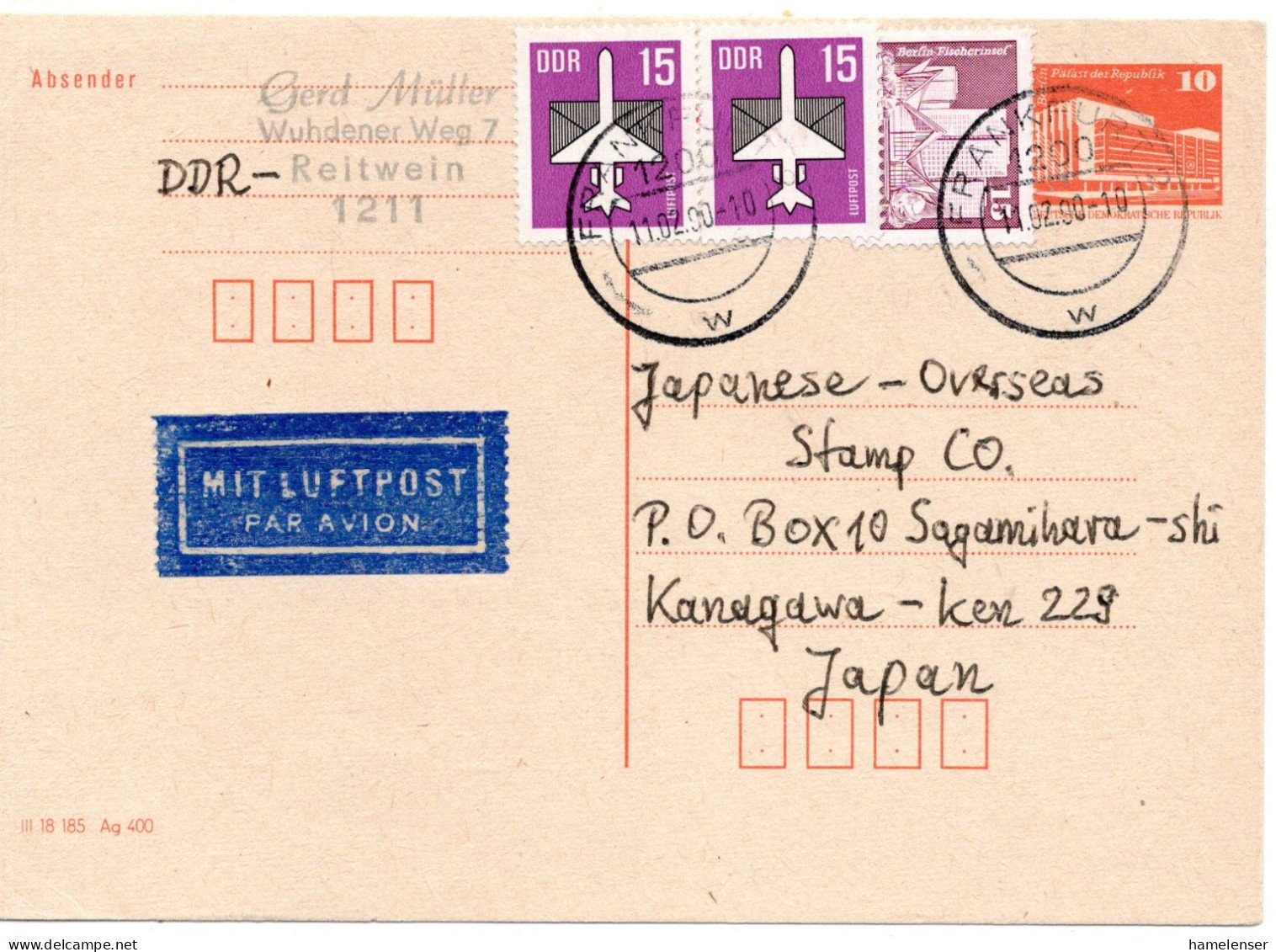 75265 - DDR - 1990 - 10Pfg Kl.Bauten GAKte M ZusFrankatur M Luftpost FRANKFURT -> Japan - Lettres & Documents