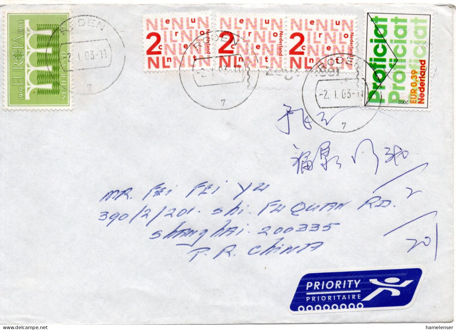 75291 - Niederlande - 2003 - 39c Proficiat MiF A LpBf RODEN -> SHANGHAI (VR China) - Lettres & Documents