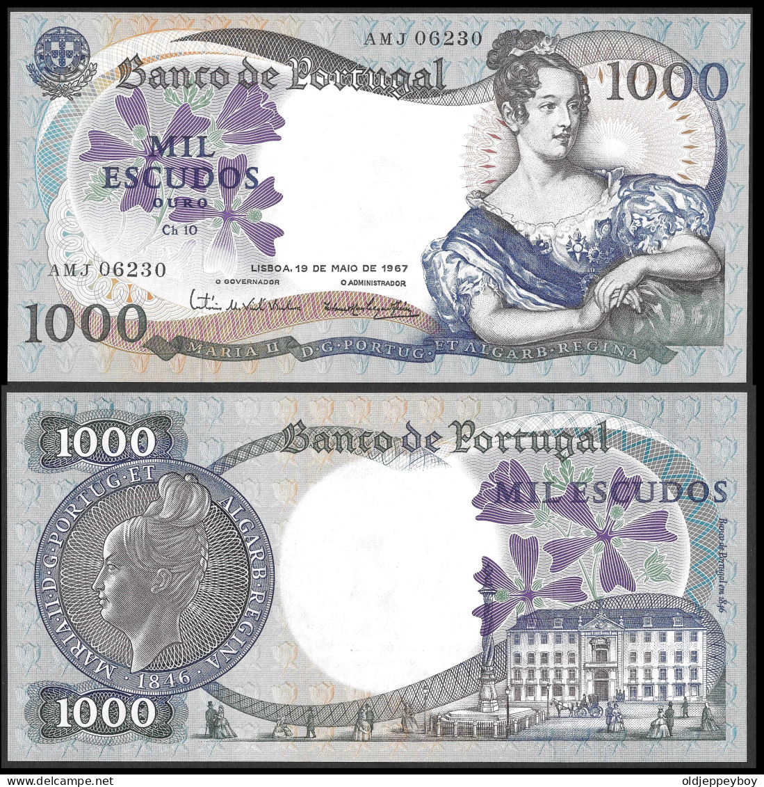 1000 Escudos Ch. 10  19/05/1967 - P 172 Sign 5 Serie  AMJ - 5 Digit Serial  D. Maria II PORTUGAL GEM UNC PERFECT X RARE  - Portugal