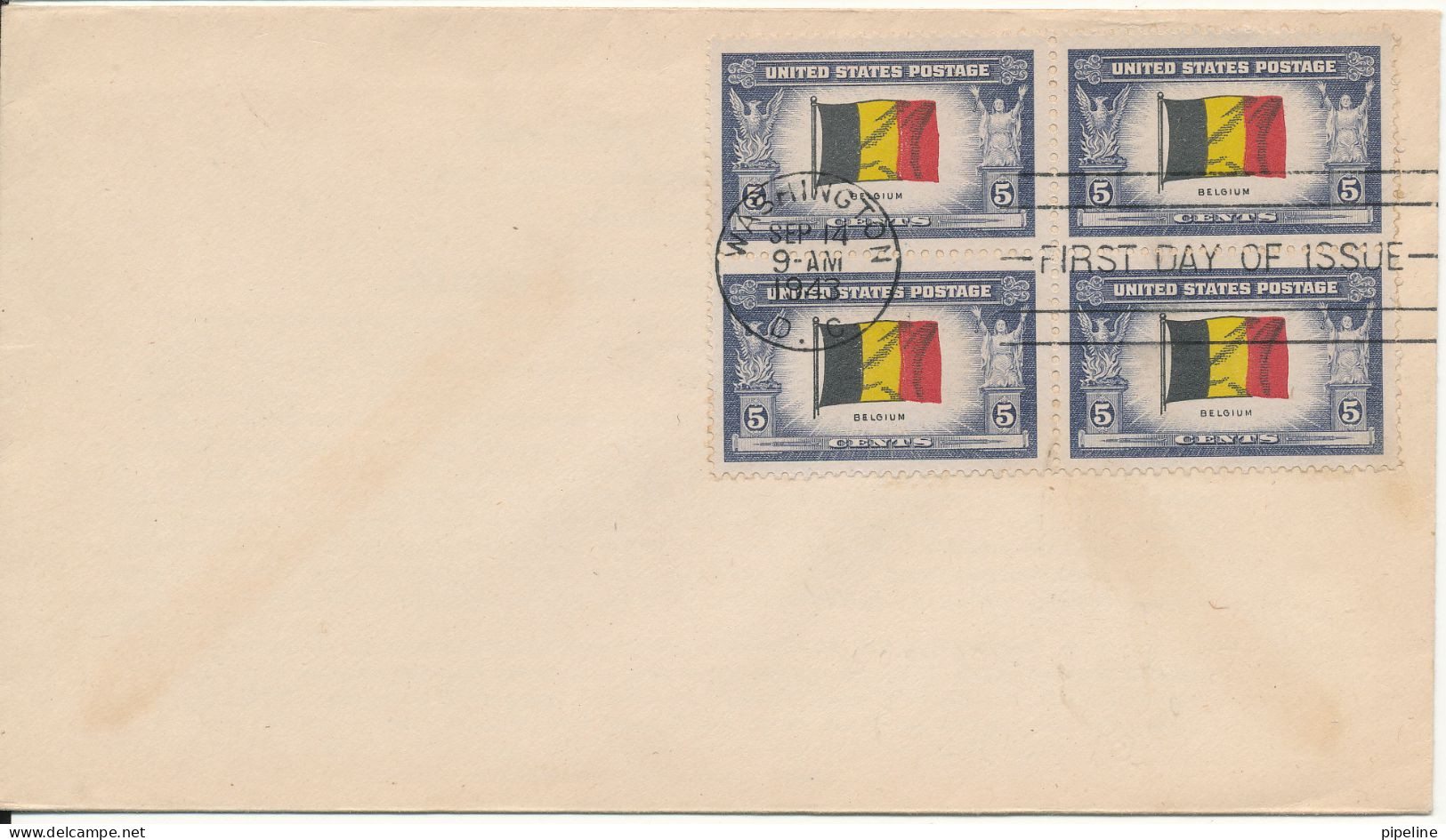 USA FDC Washington 14-9-1943 Belgium FLAG In A Block Of 4 Overrun Countries - 1941-1950