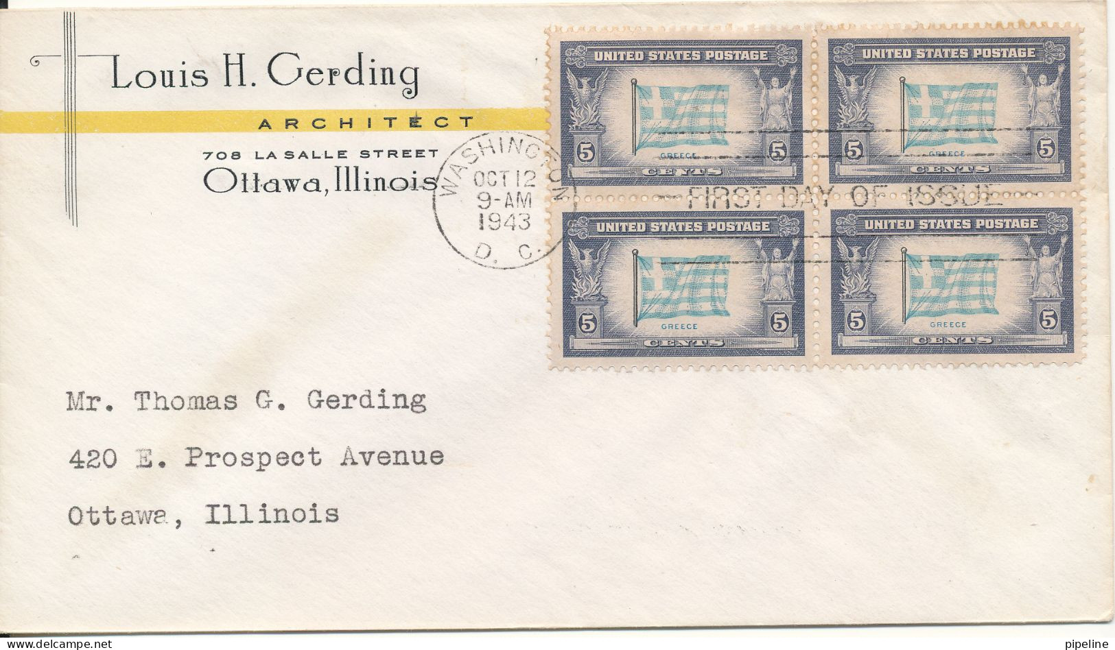 USA FDC Washington 12-10-1943 Greece FLAG In A Block Of 4 Overrun Countries - 1941-1950