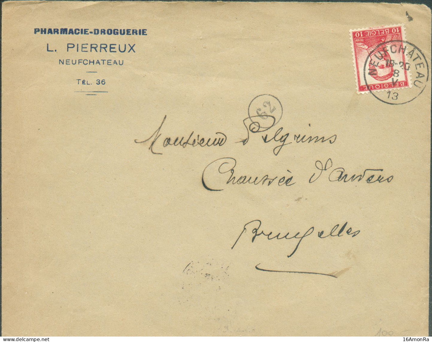 10c. Pellens Obl. Sc NEUFCHATEAU 8-V-1913 Sur Lettre (Pharmacie Droguerie PIERREUX) Vers Bruxelles 21970 - 1912 Pellens