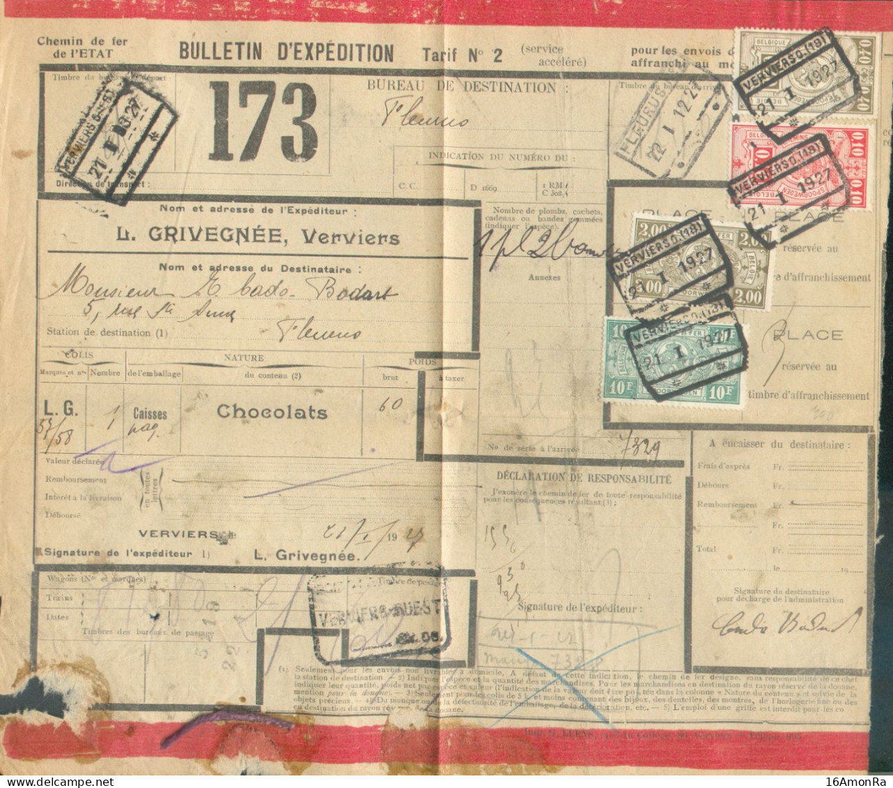 Bulletin D'expédition Tarif Nr.2 Affr. 10c. + 40c. + 2Fr. + 10Fr. (soit 12Fr.50) Obl; VERVIERS O.(18) Du  21-I-1927 Vers - Documenti & Frammenti