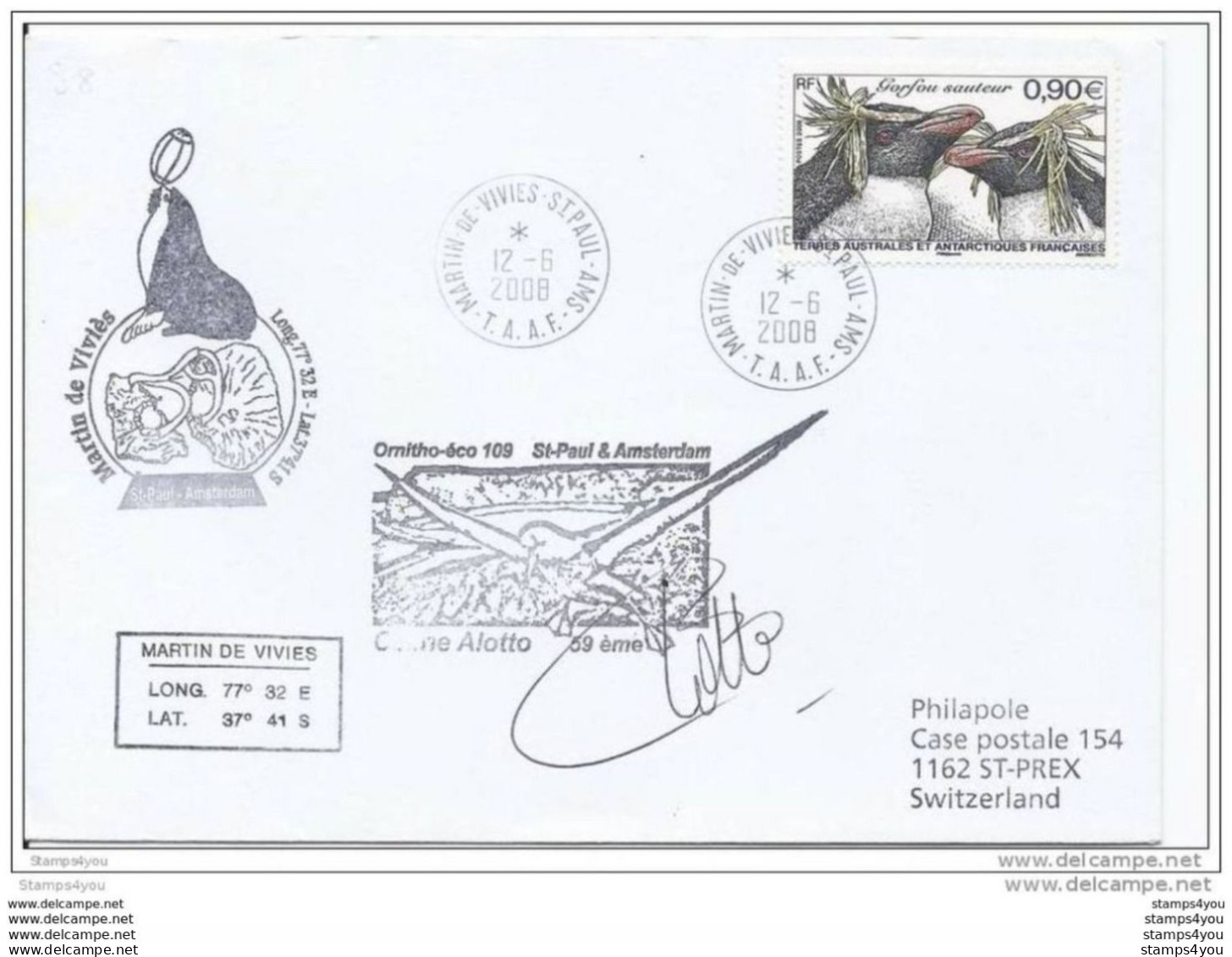 31-76 - Enveloppe St Paul Amsterdam - Cachet Ornitho-éco 2008 - Antarctic Wildlife