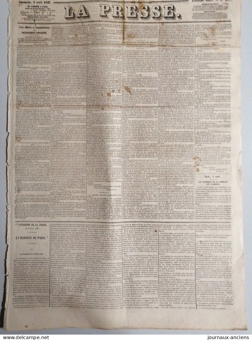 1848 Journal LA PRESSE - GOUVERNEMENT PROVISOIRE. - LA LIBERTÉ DE LA PRESSE ET L'ARMÉE - AGITATION CHARTISTE À LONDRES - 1800 - 1849