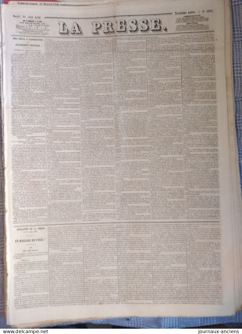 1848 Journal " LA PRESSE " Du 11 Avril  1848 - LE GOUVERNEMENT PROVISOIRE - 1800 - 1849