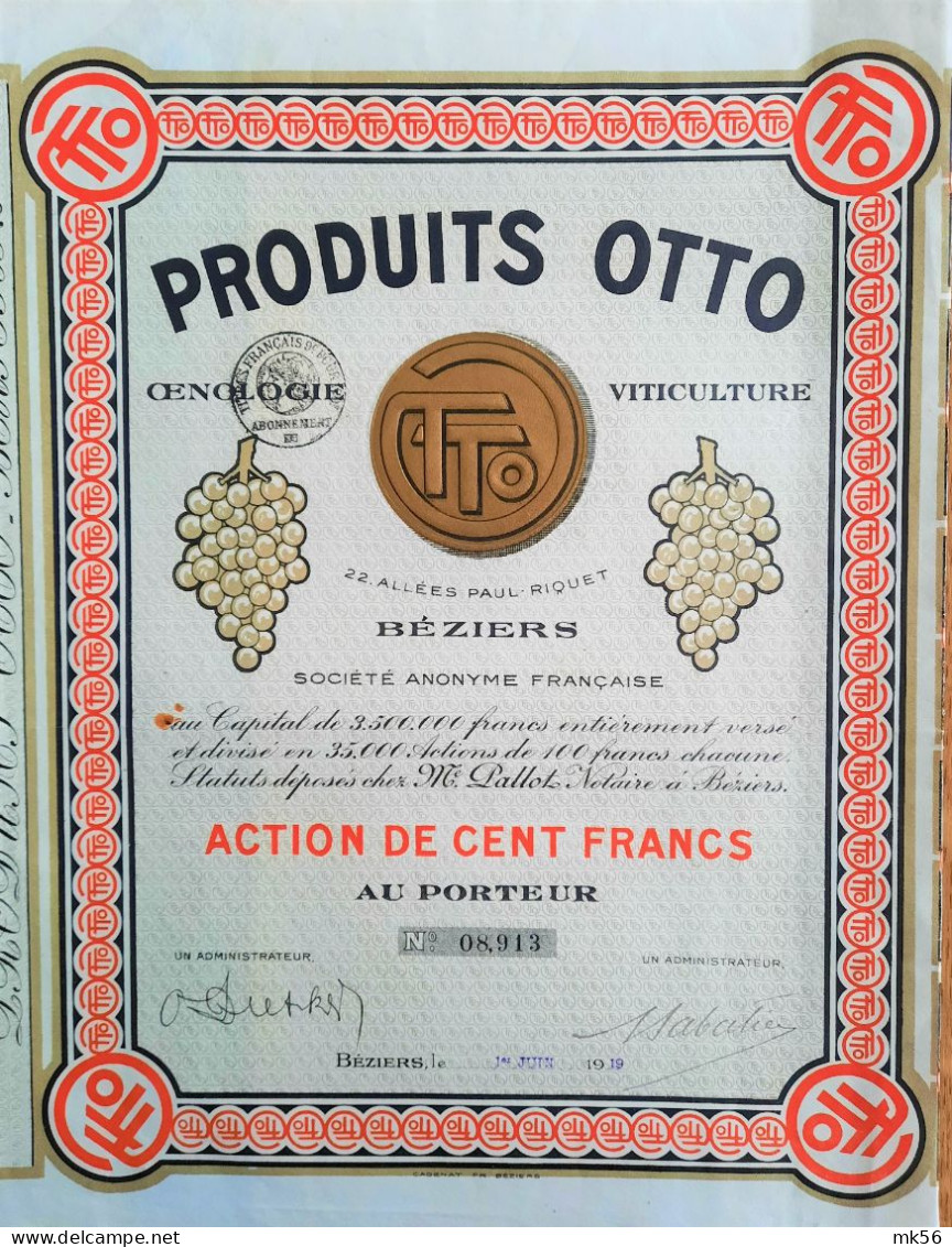 S.A. Produits Otto -Béziers - Action De 100 Francs - 1919 - Landbouw