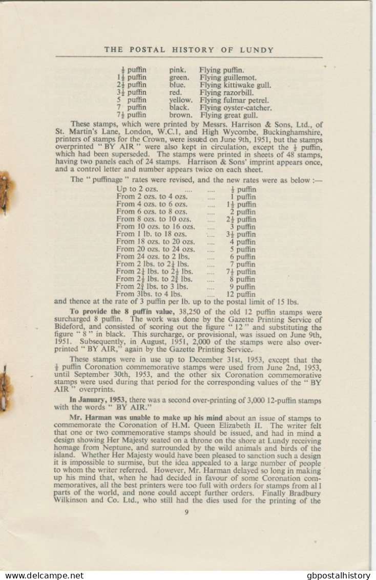 GB The Postal History Of Lundy By F.W. Gade, 1957, 15 Pages, Gazette Printing Service, Bideford – Rust Stains Otherwise - Guides & Manuels