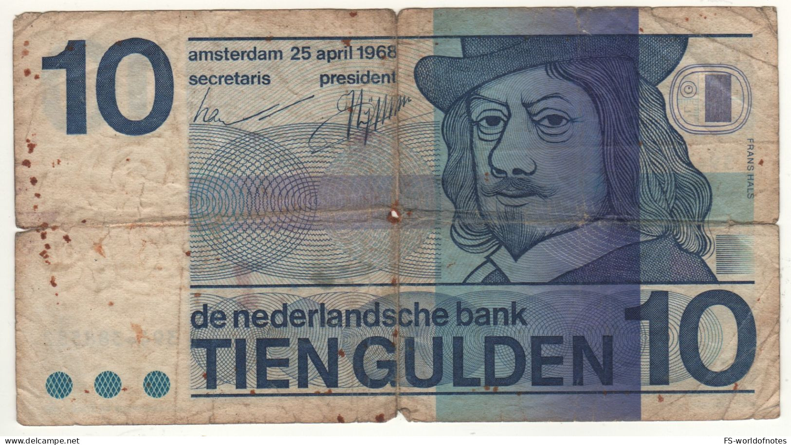 NETHERLANDS  10  Gulden   P91b   Dated   25.04.1968   ( Frans Hals ) - 10 Gulden