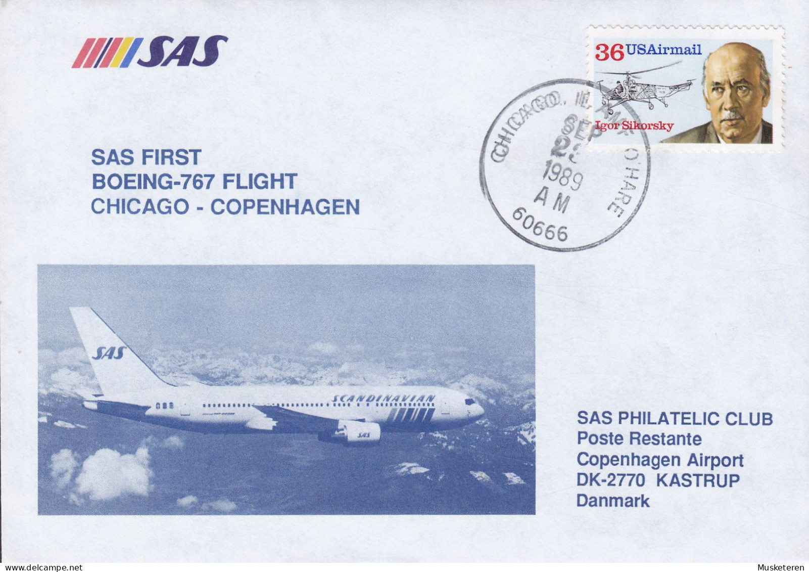 United States SAS First BOEING-767 Flight CHICAGO-COPENHAGEN 1989 Cover Brief Lettre Igor Sikorsky Helicopter Stamp - Sobres De Eventos