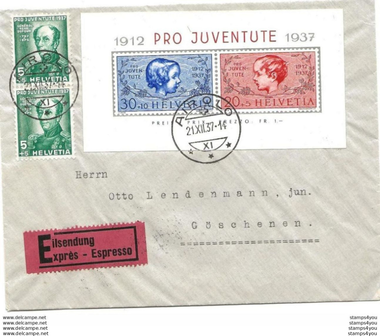 236 - 4 - Enveloppe Exprès Envoyée D'Airolo - Bloc Pro Juventute 1937 - Cartas & Documentos