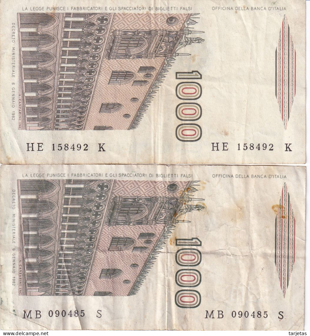 LOTE DE 2 BILLETES DE ITALIA DE 1000 LIRAS DEL AÑO 1982 DE MARCO POLO (BANKNOTE) DIFERENTES FIRMAS - 1.000 Lire