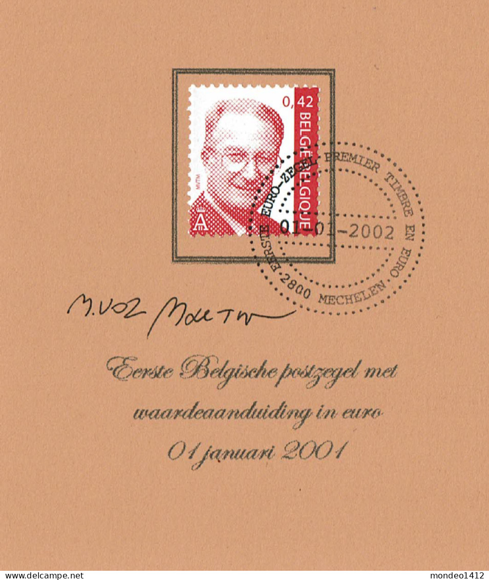 N°3050 - Eerste Postzegel Met Waardeaanduiding Enkel In Euro - 01/01/2002 - Albert II MVTM - Getekend Voz - Martin - Documents Commémoratifs