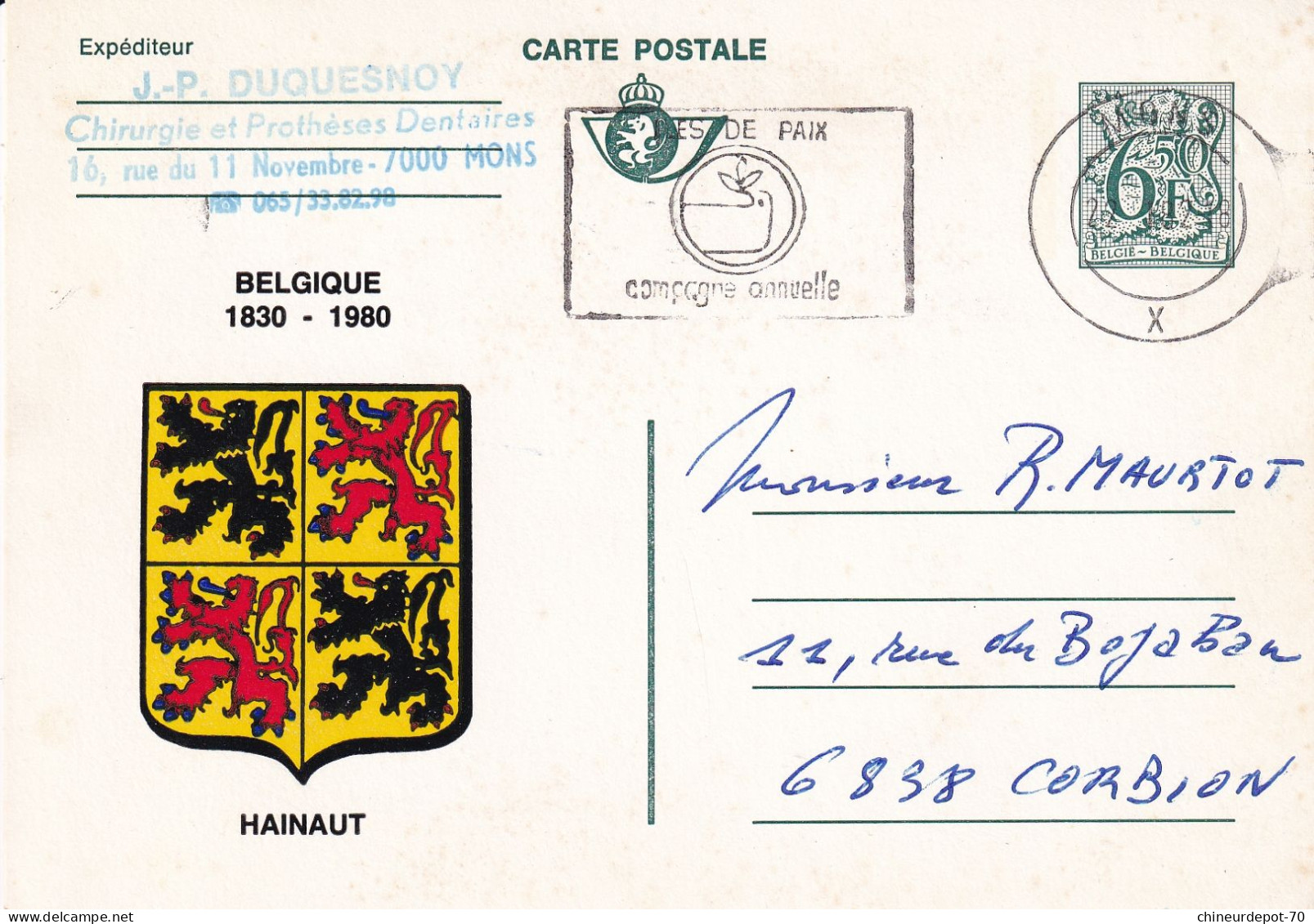 Carte Hainaut Duquesnoy Chirurgie Et Protheses Dentaires Mons Corbion - Covers & Documents