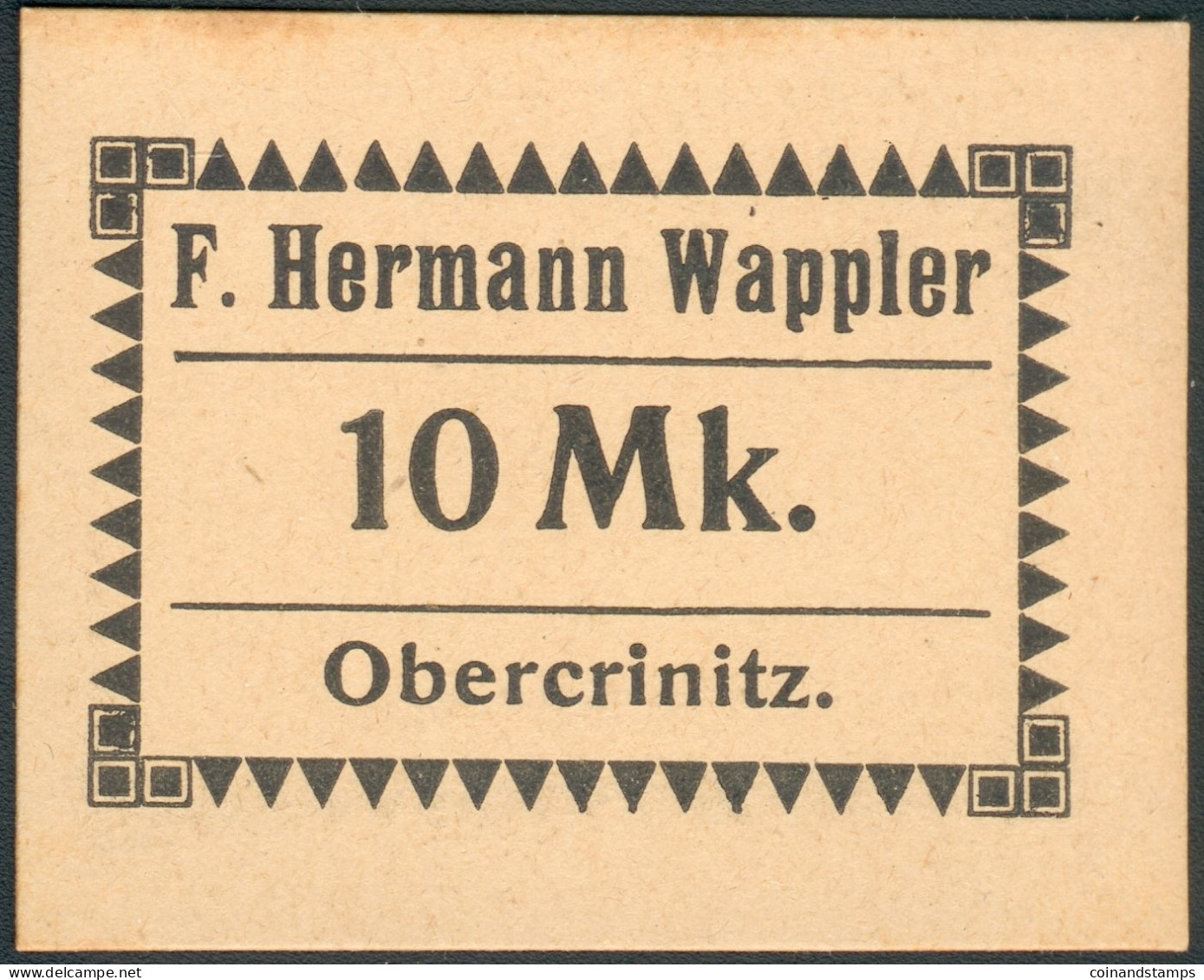 Notgeld Obercrinitz 10 Mark O.Datum/Jahr F.H. Wappler 51x41mm, II - Autres & Non Classés