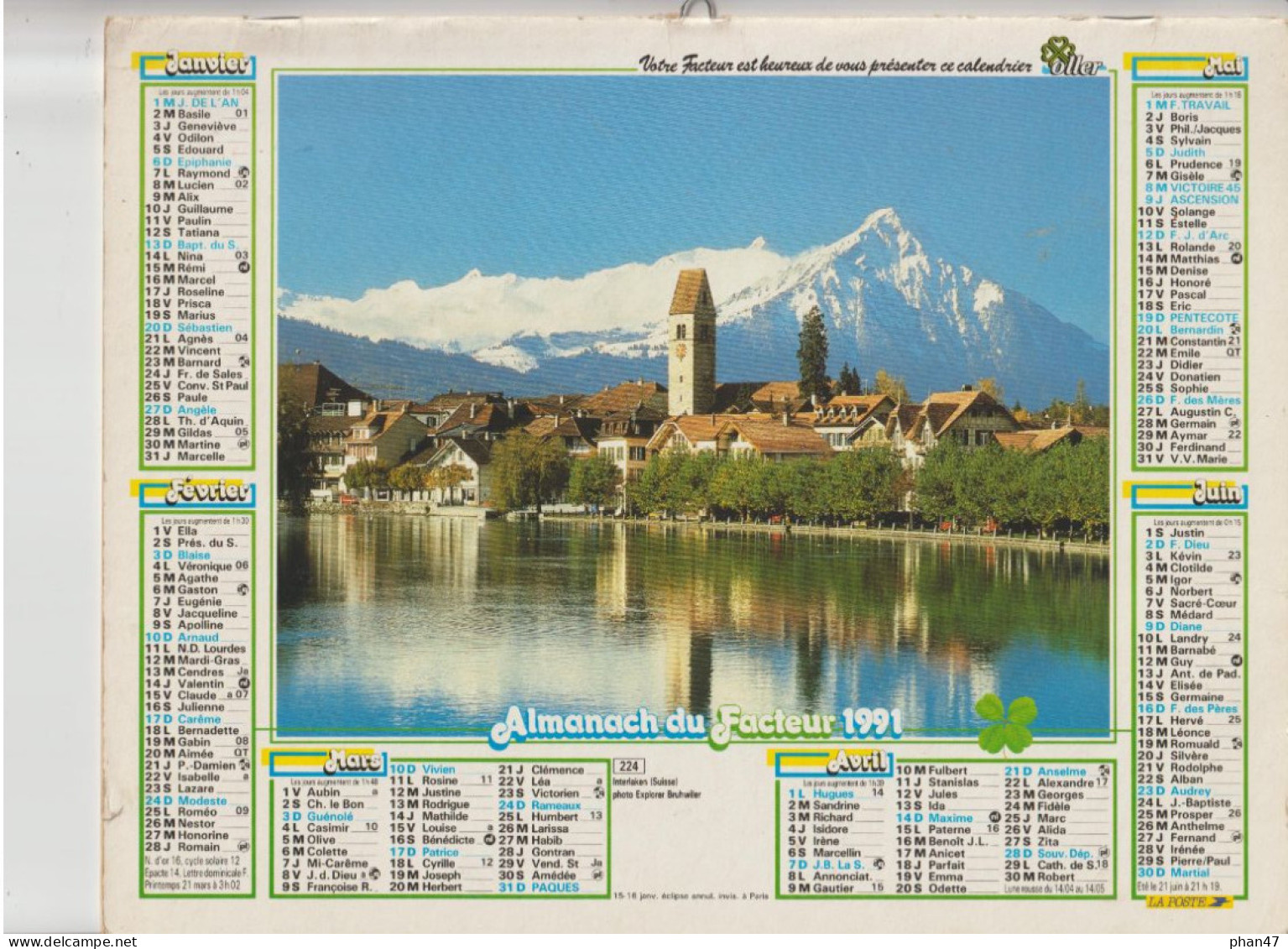 Almanach Du Facteur 1991, INTERLAKEN (Suisse) / Parc Anglais, étang, OLLER - Grossformat : 1991-00