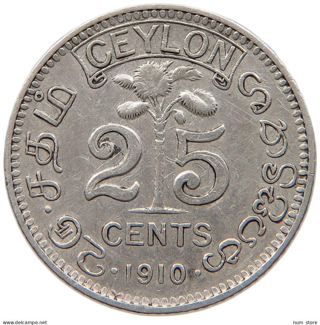 CEYLON 25 CENTS 1910 #s096 0509 - Sri Lanka