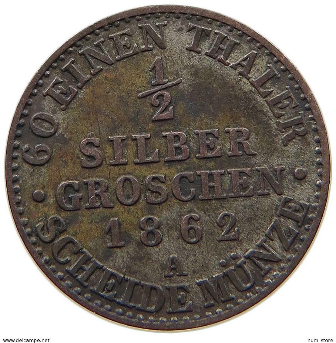 GERMAN STATES 1/2 SILBERGROSCHEN 1862 A BRANDENBURG PREUSSEN Wilhelm I. 1861-1888. #s094 0587 - Taler & Doppeltaler